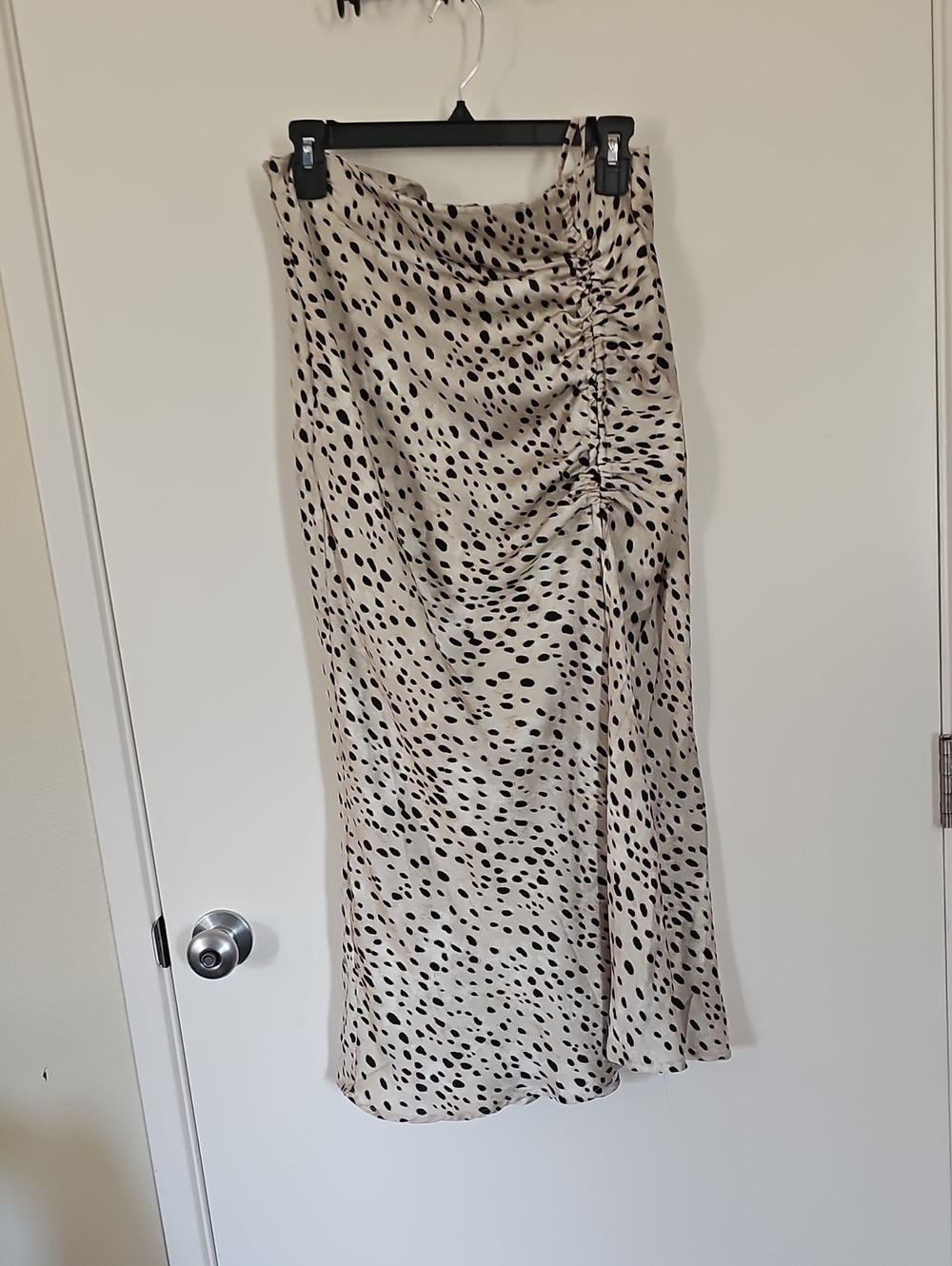 Ruched Cream Maxi Skirt with Black Spot Print